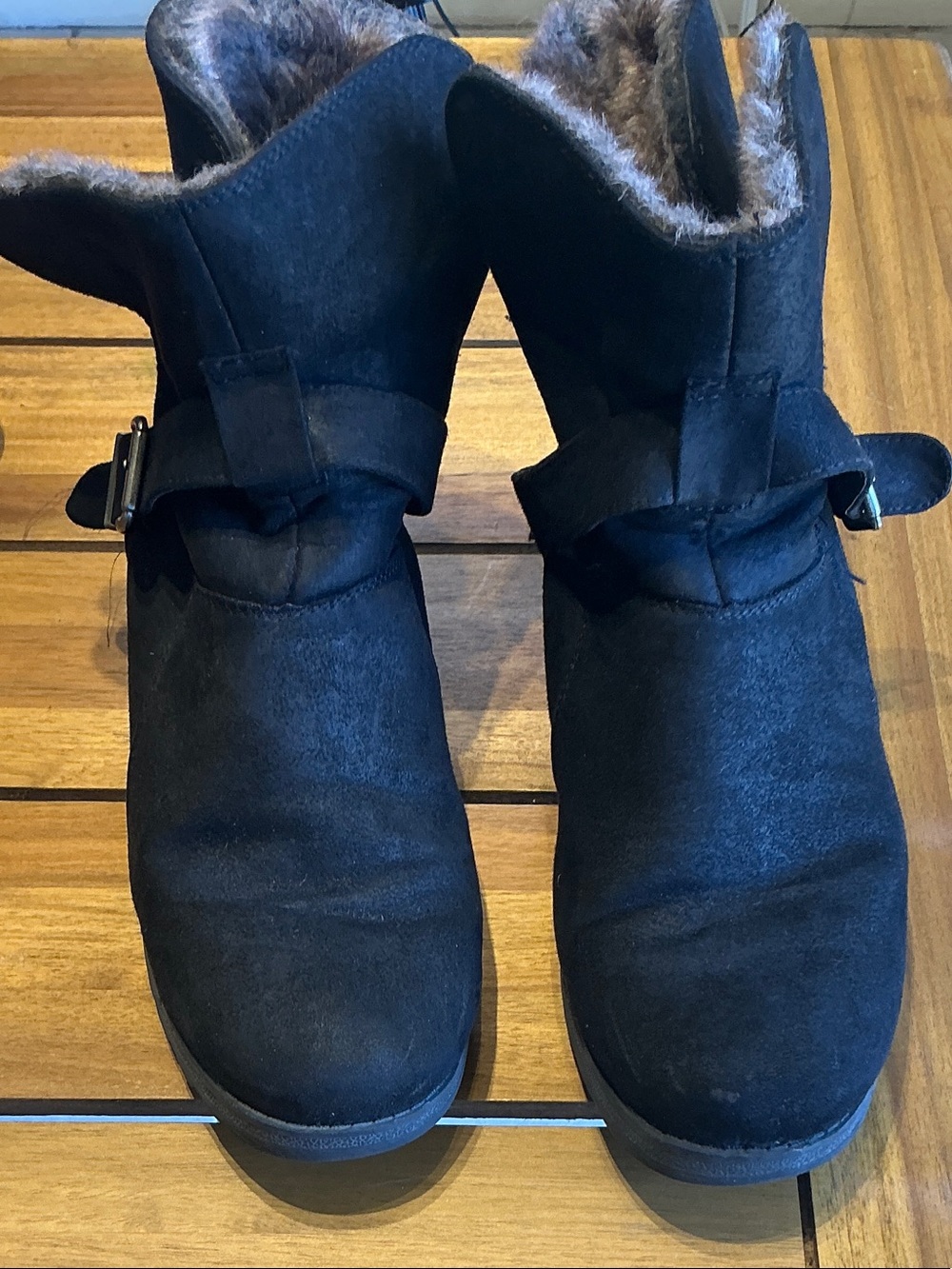 White Mountain Black Faux Suede Faux Fur Ankle Booties with Buckle - Picture 1 of 10
